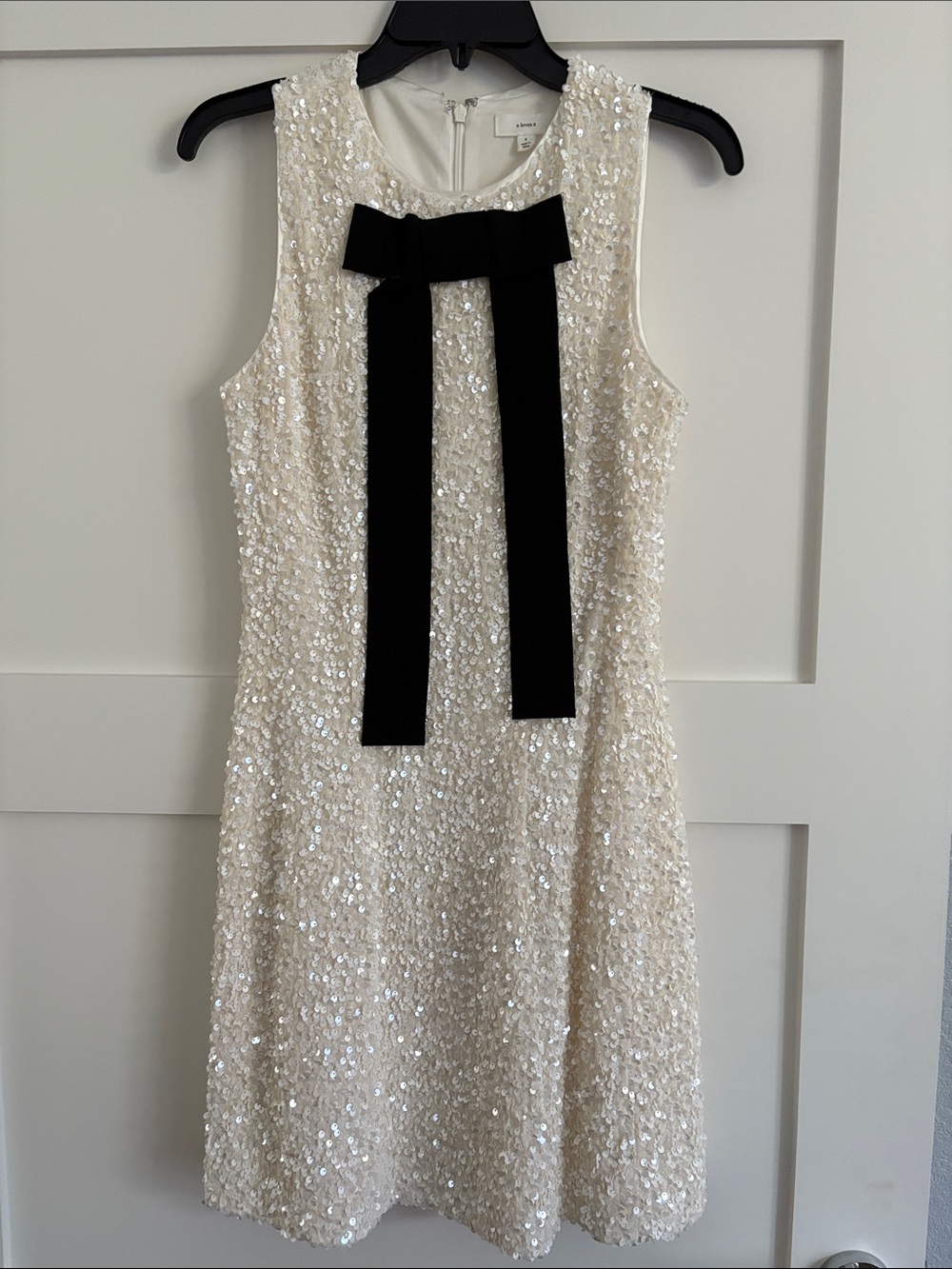 Ivory Sequin Mini Dress with Black Bow
